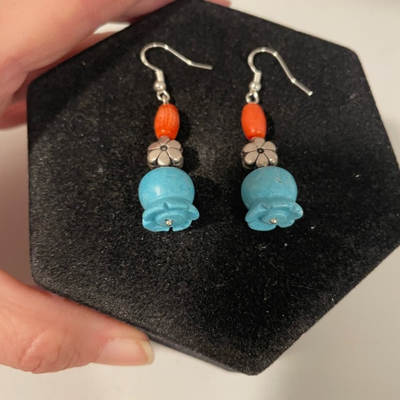 Turquoise Tulip and Coral Earrings - Picture 5 of 7